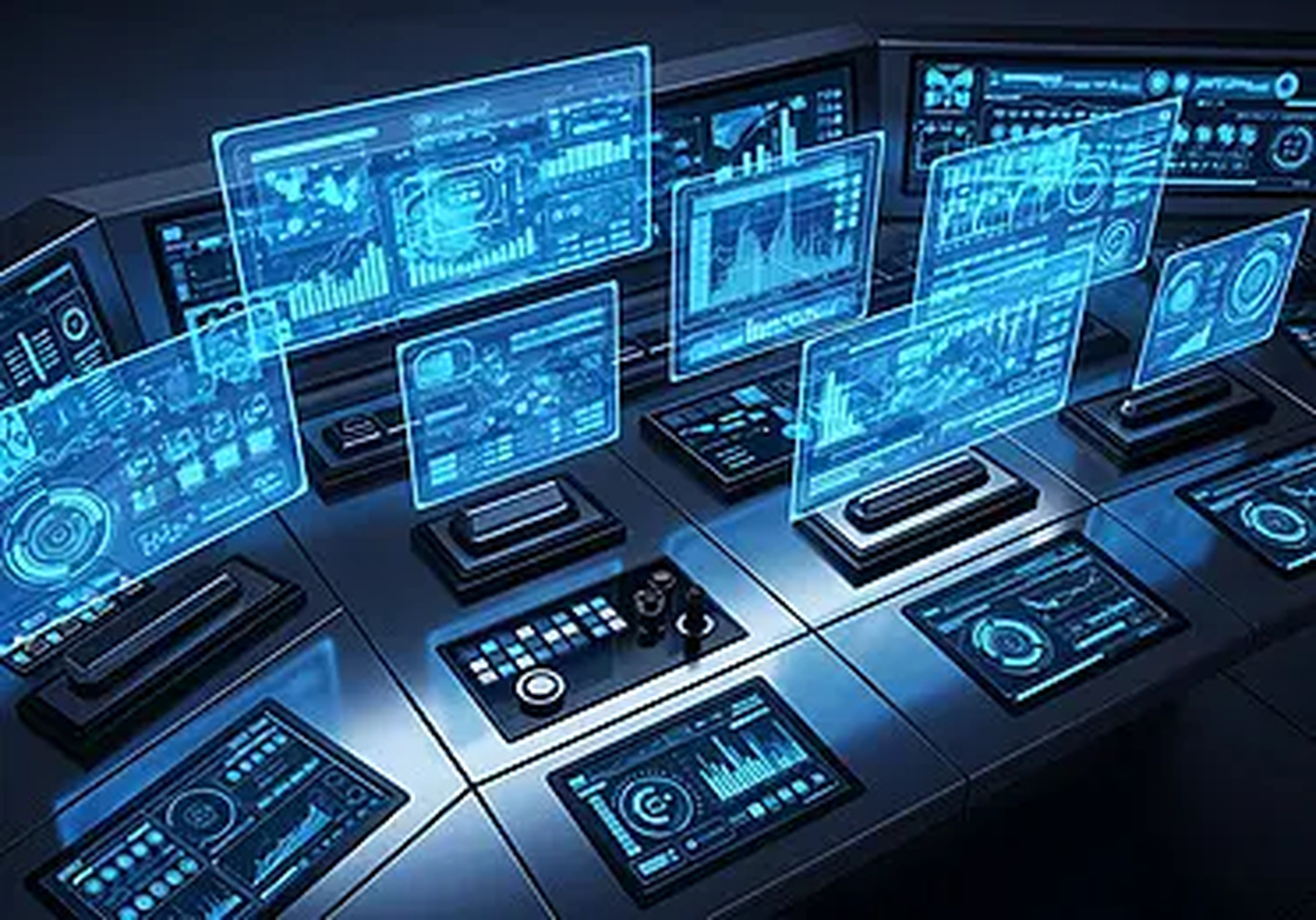 Futuristic energy control interface with dashboards, telemetry and code overlays.
